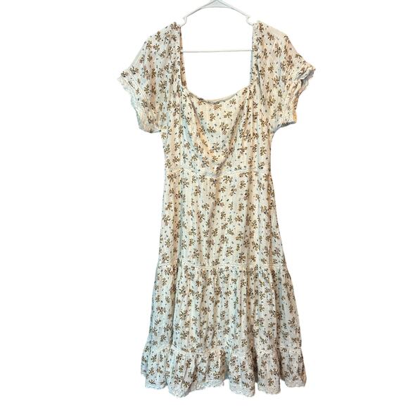 cotton & rye white floral country dress short sleeve midi women's size large - Picture 1 of 8